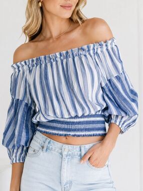 Suboo Blue White Striped Off Shoulder Top Sz. 8